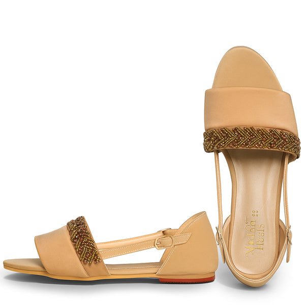 Beige Beaded Flat Sandals