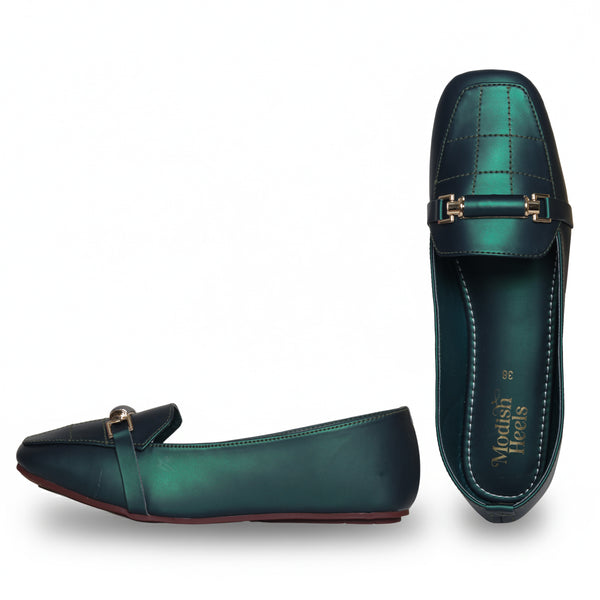 Metallic Green Loafers with Gold Buckle
