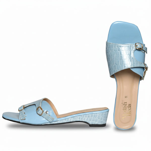 Light Blue Croc-Effect Buckle Slides
